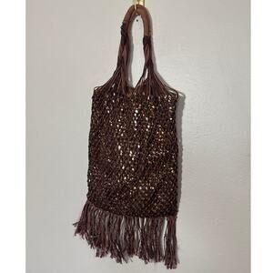 Vintage Payless Brown Crochet Gold Sparkle Fringe Shoulder Tote Bag